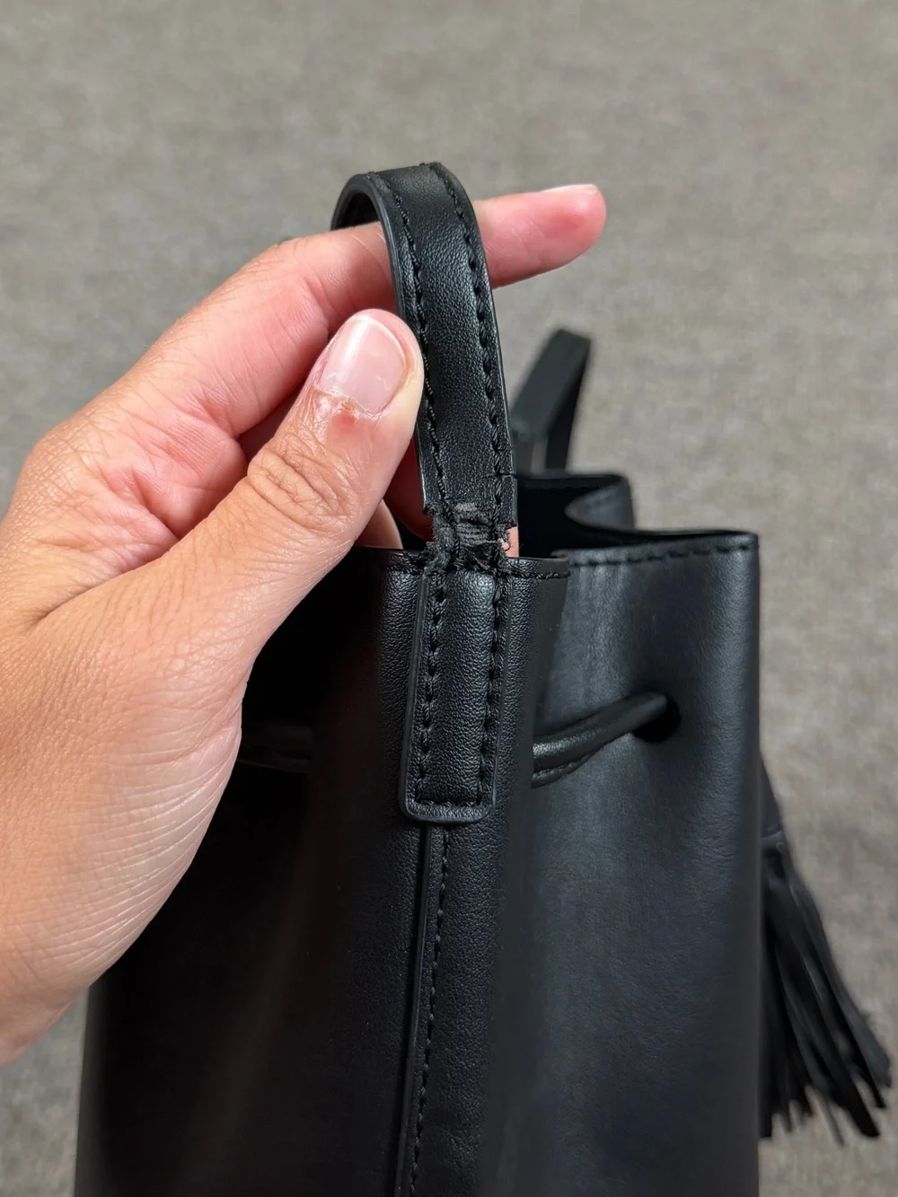 J Crew Black Faux Leather Bucket Bag Shoulder Crossbody Fringe Drawstring